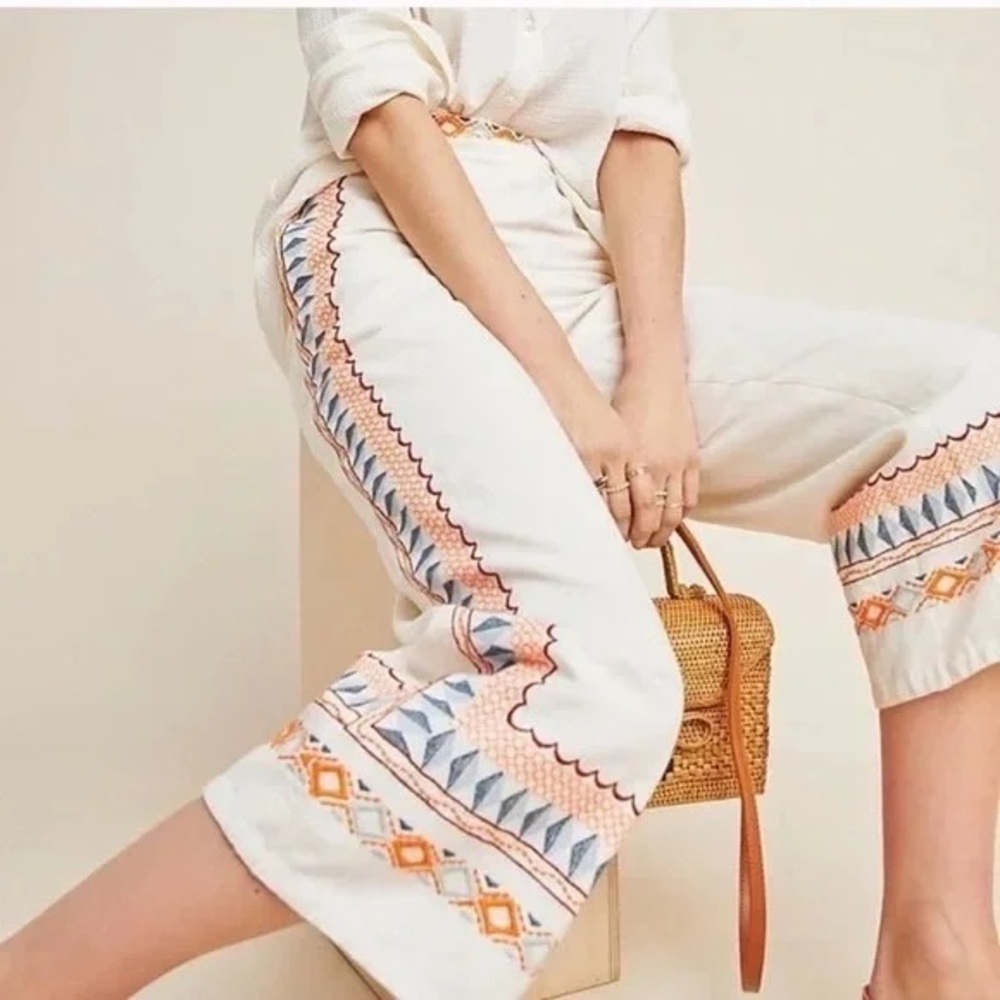 Anthropologie Islander Embroidered Pants Size US 2 Cotton Linen Blend
